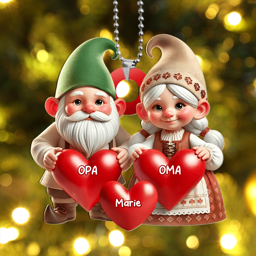 Personalisierter Weihnachtsbaumschmuck mit Herzen und Namen – Wichtel-Familie