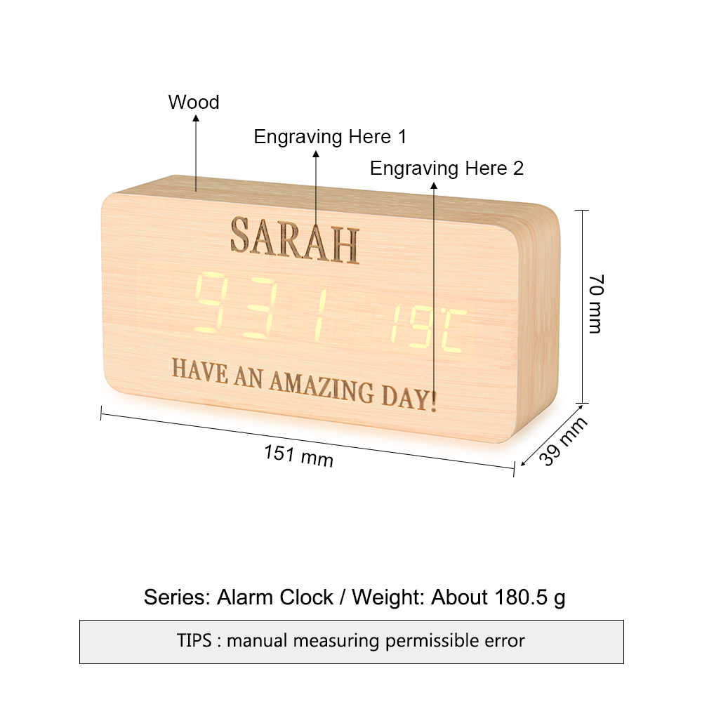 Personalisierte 2 Texte Holz-Wecker in Naturholz/ Braun - Einzigartiges Geschenk