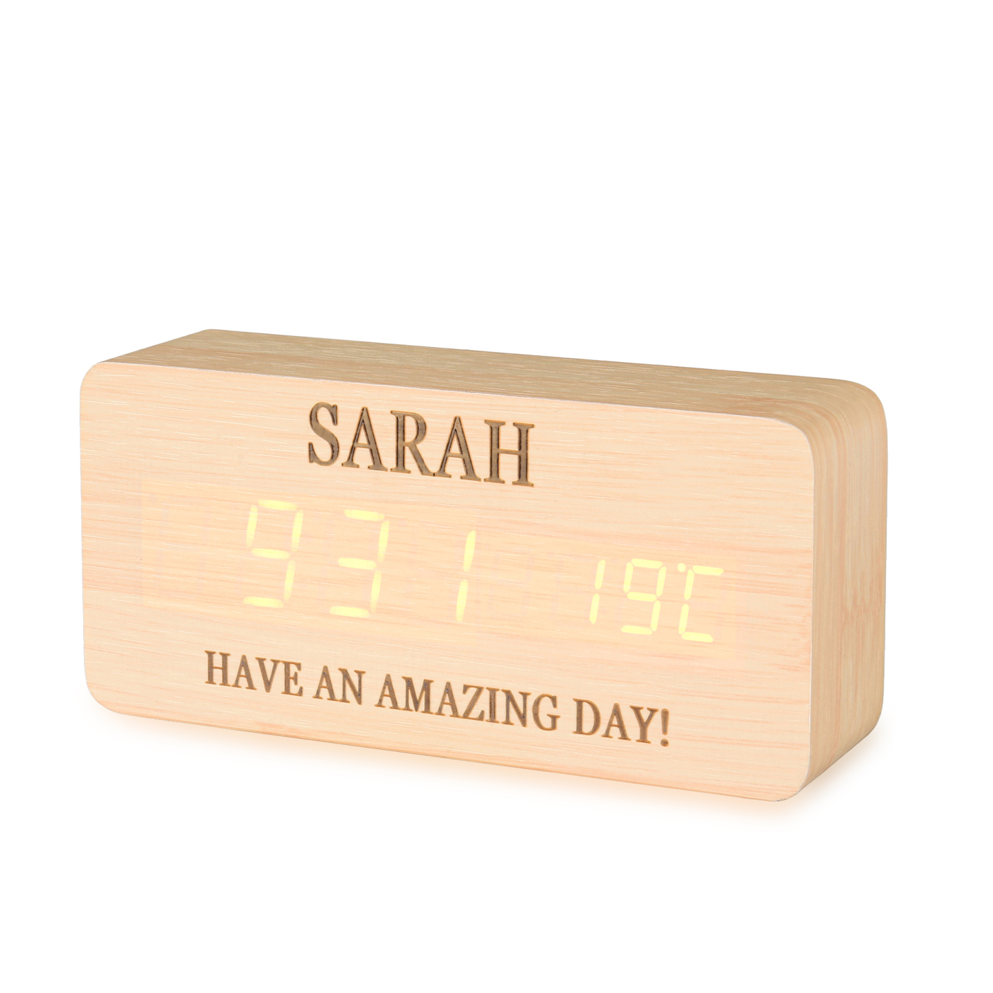 Personalisierte 2 Texte Holz-Wecker in Naturholz/ Braun - Einzigartiges Geschenk