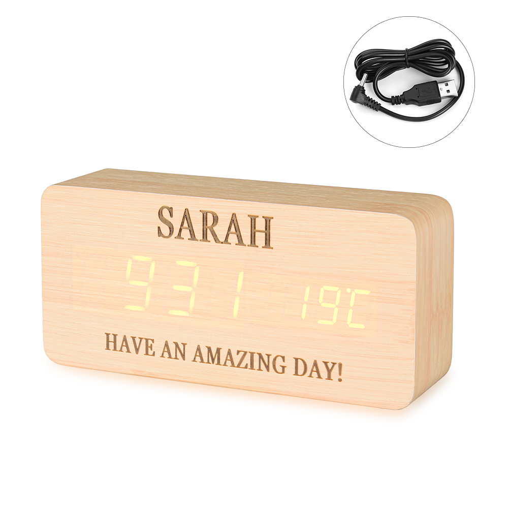 Personalisierte 2 Texte Holz-Wecker in Naturholz/ Braun - Einzigartiges Geschenk