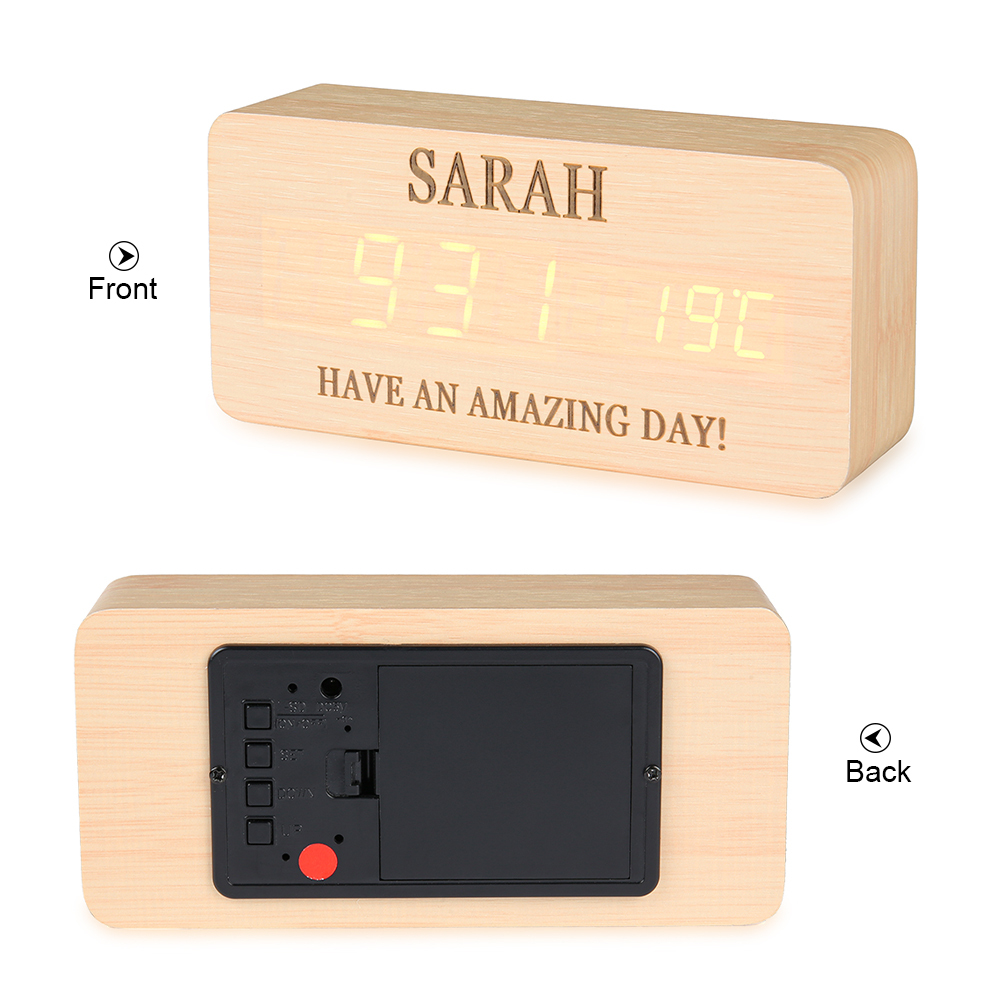 Personalisierte 2 Texte Holz-Wecker in Naturholz/ Braun - Einzigartiges Geschenk