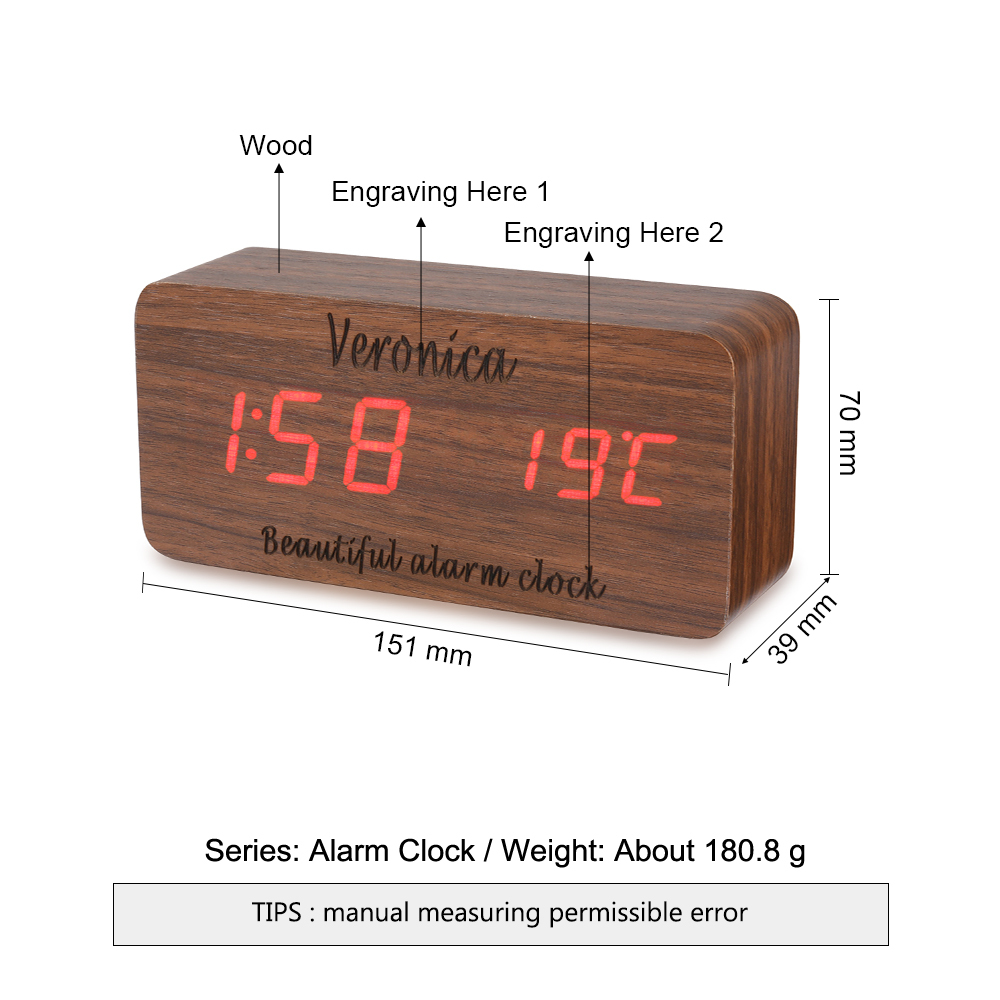 Personalisierte 2 Texte Holz-Wecker in Naturholz/ Braun - Einzigartiges Geschenk