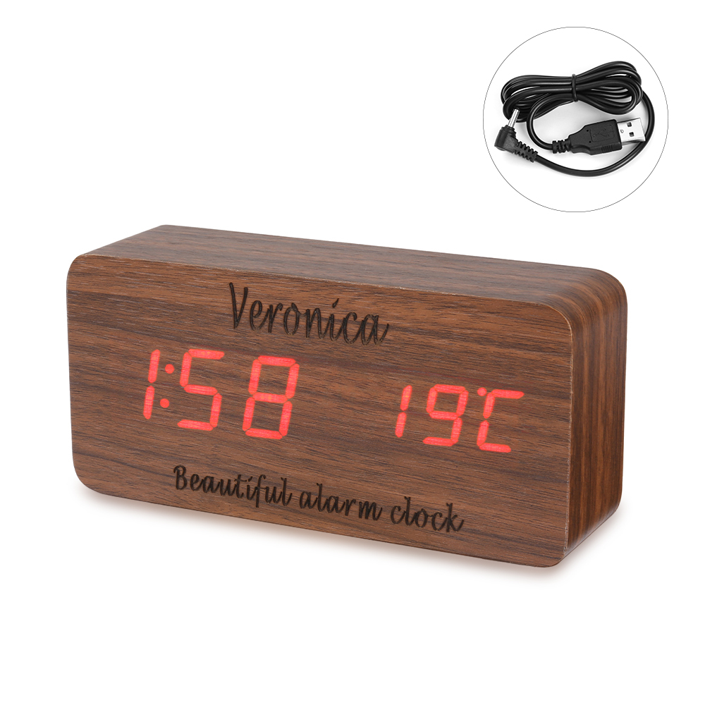 Personalisierte 2 Texte Holz-Wecker in Naturholz/ Braun - Einzigartiges Geschenk