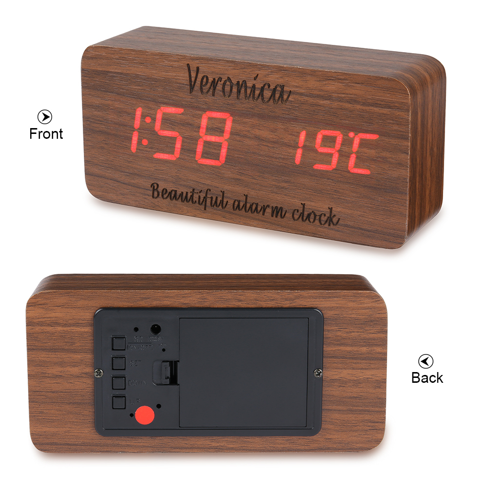 Personalisierte 2 Texte Holz-Wecker in Naturholz/ Braun - Einzigartiges Geschenk
