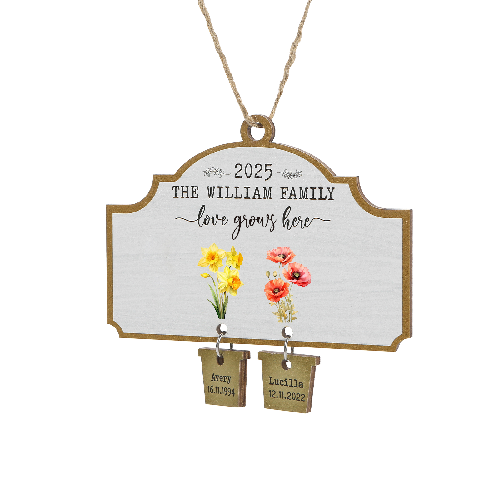 Personalisierter Weihnachtsbaumanhänger  mit Geburtsblumen, Namen, Wunschtext & Datum
