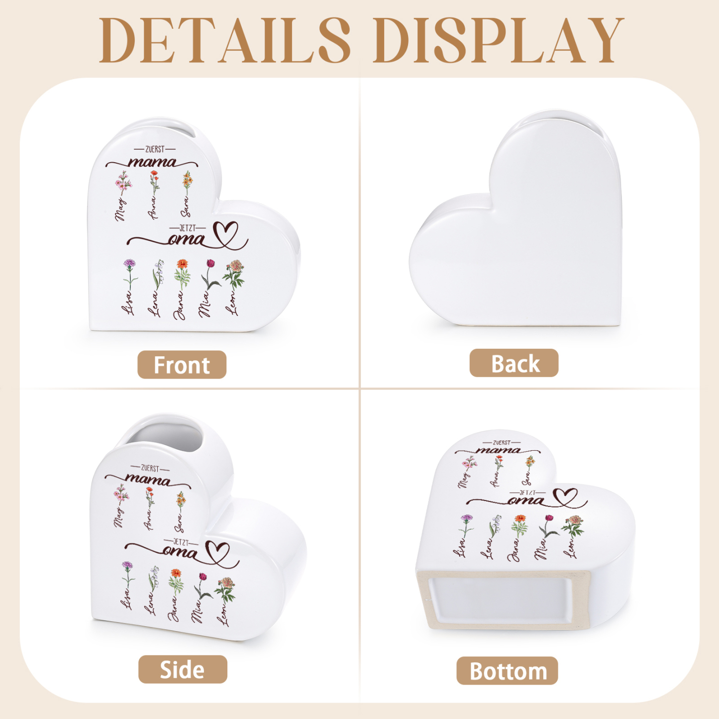Personalisierte Keramikvase in Herzform Erst Mama, jetzt Oma personalisiert mit 2–10 Geburtsblumen und Namen