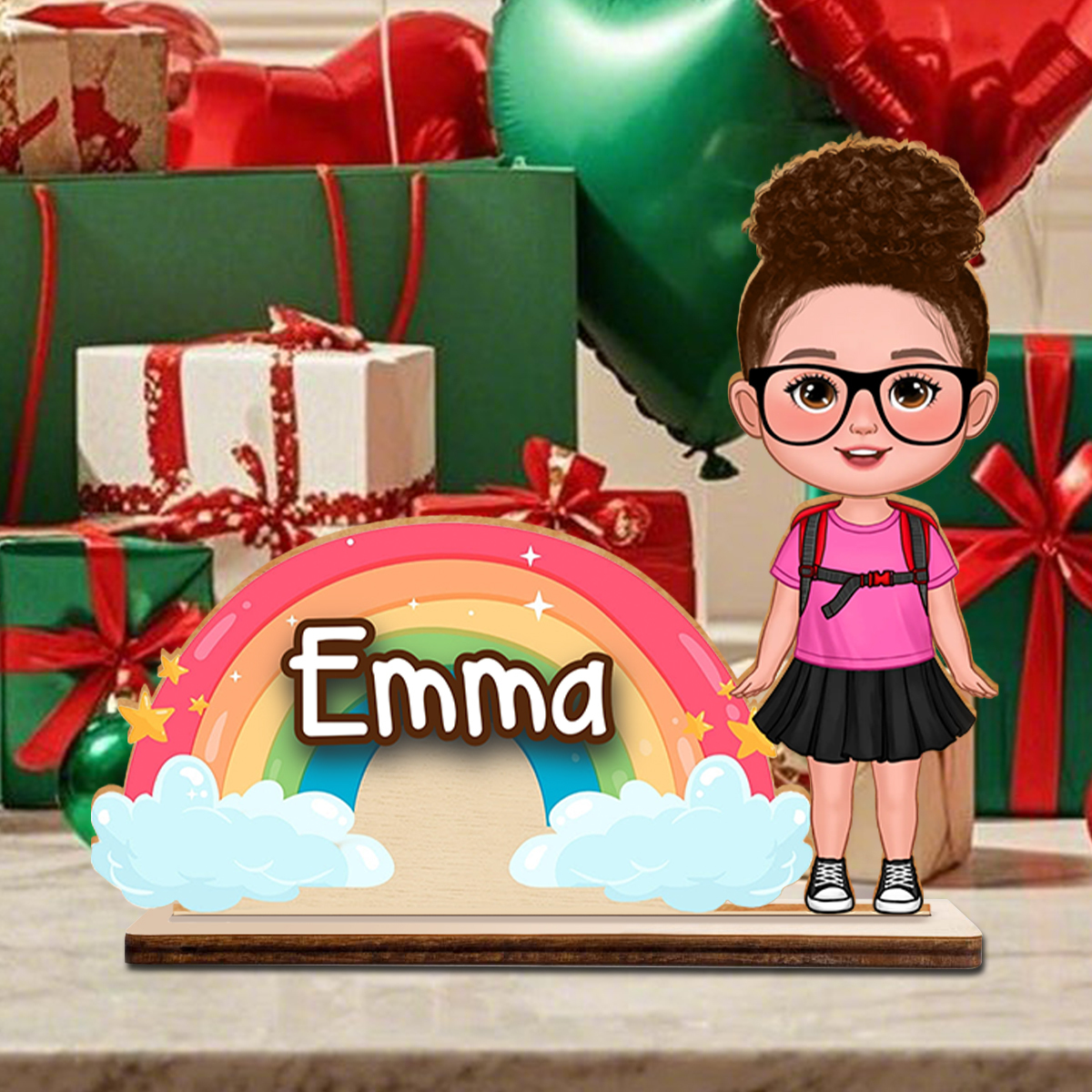 Personalisierte Kinderfigur mit Namensschild Regenbogen Design Einschulung Geschenk für Mädchen