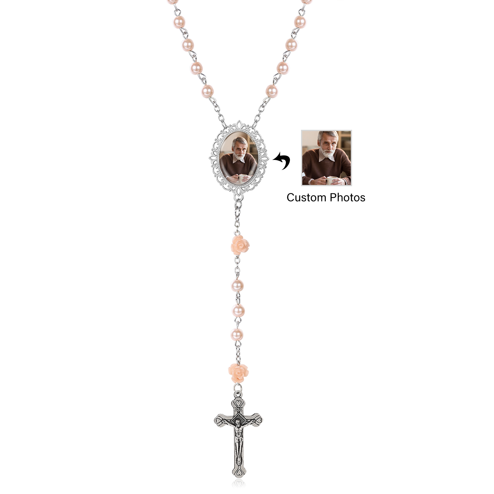 Personalisierter Rosenkranz mit Foto, Kreuz und Perlen religiöses Andenken