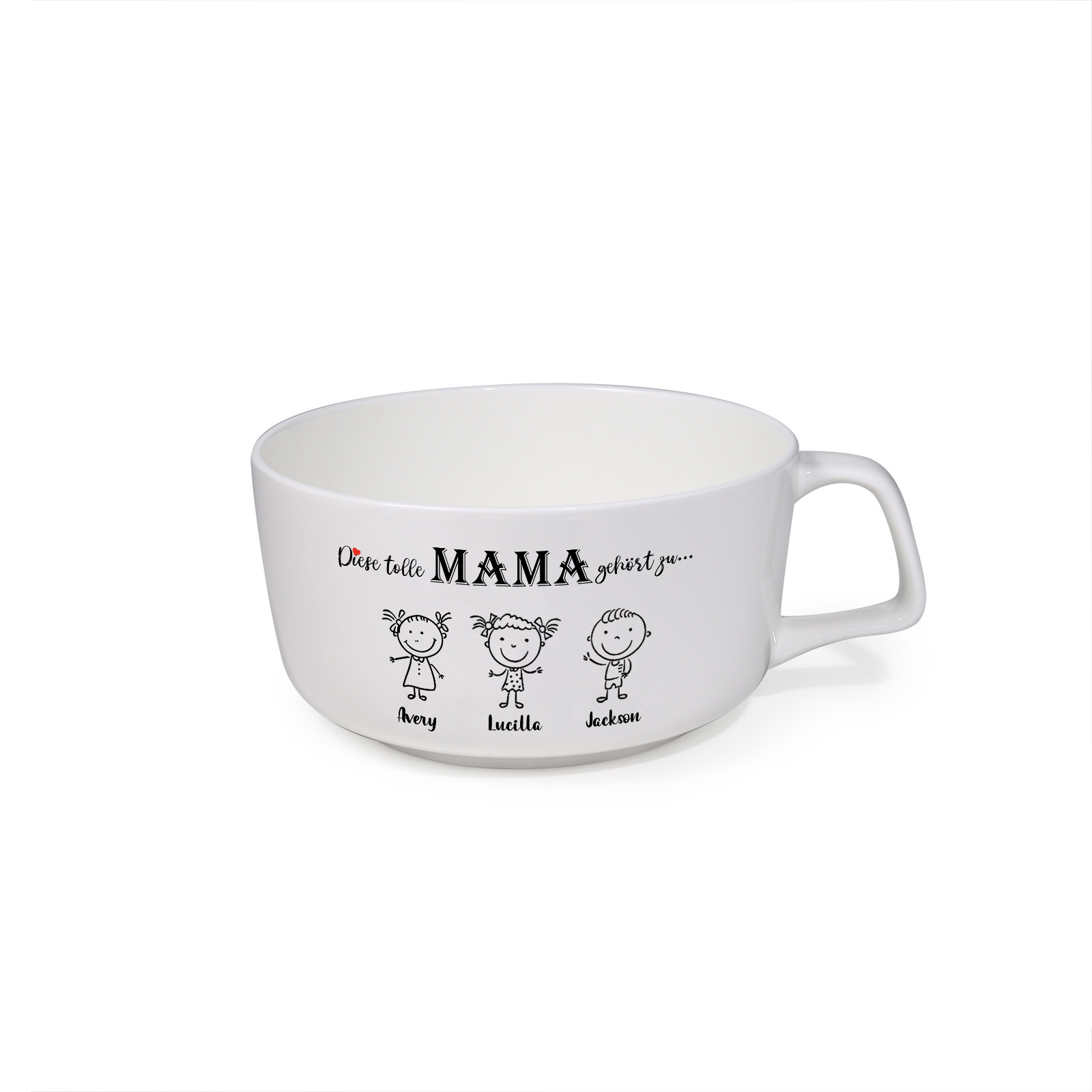 Personalisierte Mamatasse mit Strichfiguren und dem Spruch „Diese tolle MAMA gehört zu…“ – liebevolles Geschenk für Mama