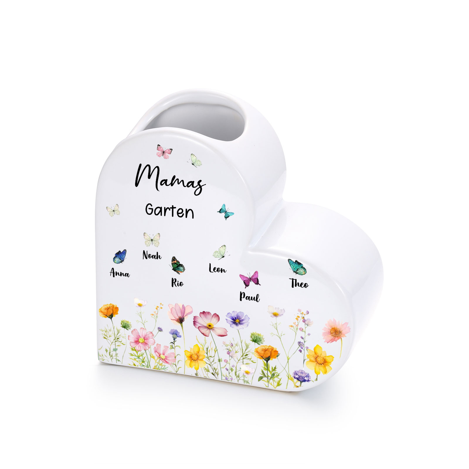 Personalisierte herzförmige Keramikvase mit Blumen- und Schmetterlingsmotiv, personalisiert mit 1–10 Namen