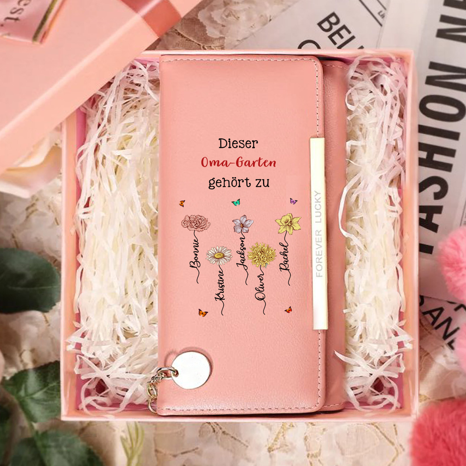 Personalisierte Damen-Lederbörse „Omas Garten“ mit Geburtsblumen