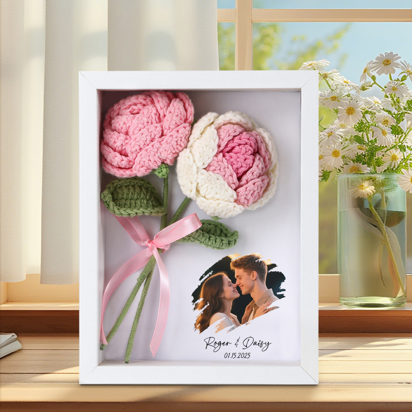 Personalisierter Foto-Tiefenrahmen mit Häkelrose