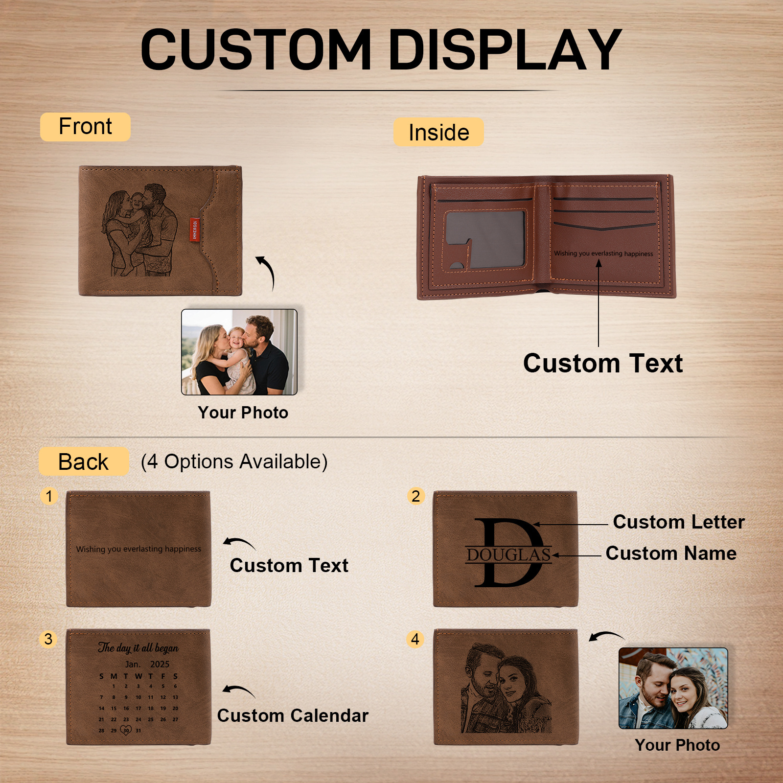 Personalisierte Herren Geldbörse aus PU‑Leder, individuell mit Foto, Kalender oder Namensgravur