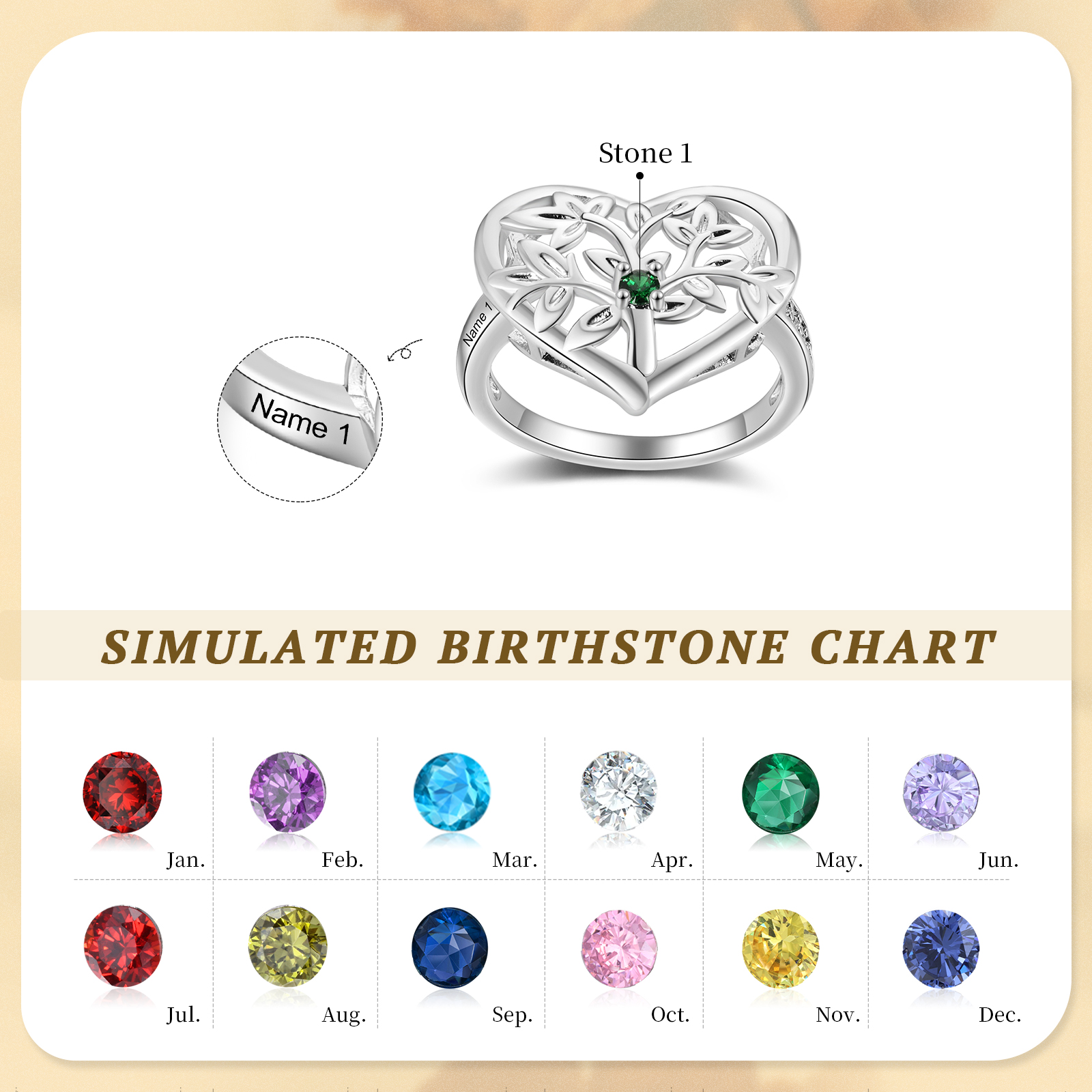 Personalisierter Herz-Lebensbaum Ring mit Geburtsstein und 1-6 Namen für Mama & Familie