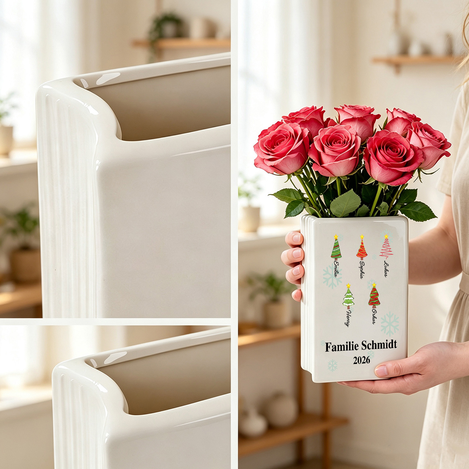 Personalisierte Keramikvase in Buchform mit Namen Familiennamen und Weihnachtsbaummotiven Weihnachtsgeschenk für Mama oder Oma