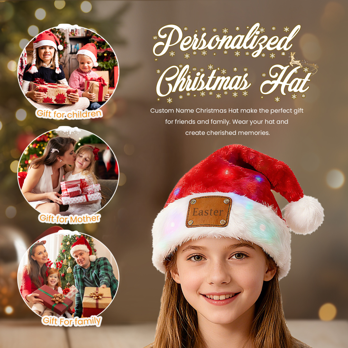 Plüsch-Weihnachtsmütze mit LED-Lichtern und personalisiertem Namensschild – für Kinder und Erwachsene