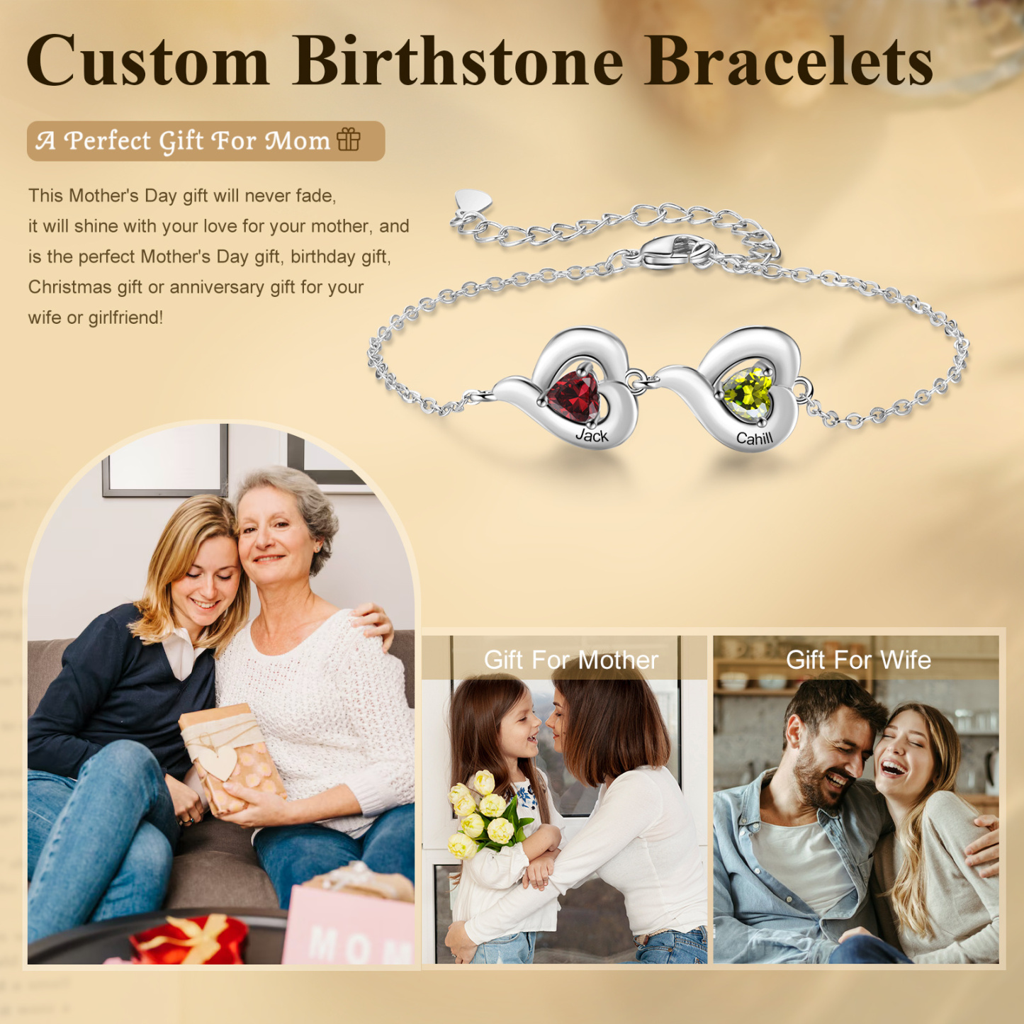 Personalisiertes Geburtsstein Armband mit Doppelherz als liebevolles Geschenkset mit Karte