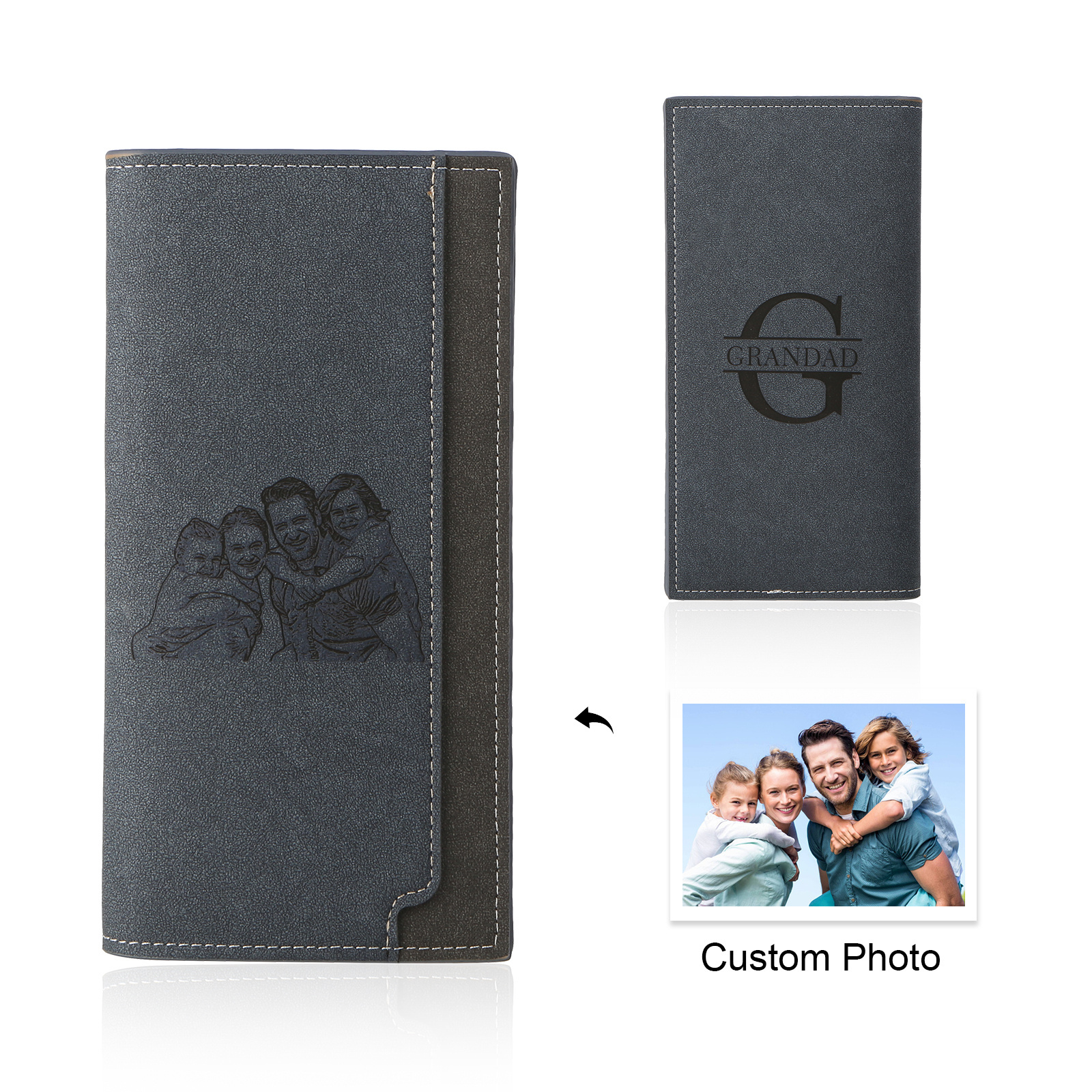 Personalisierte PU-Langgeldbörse für Herren mit RFID-Schutz und Foto-Gravur – Geschenk für Papa