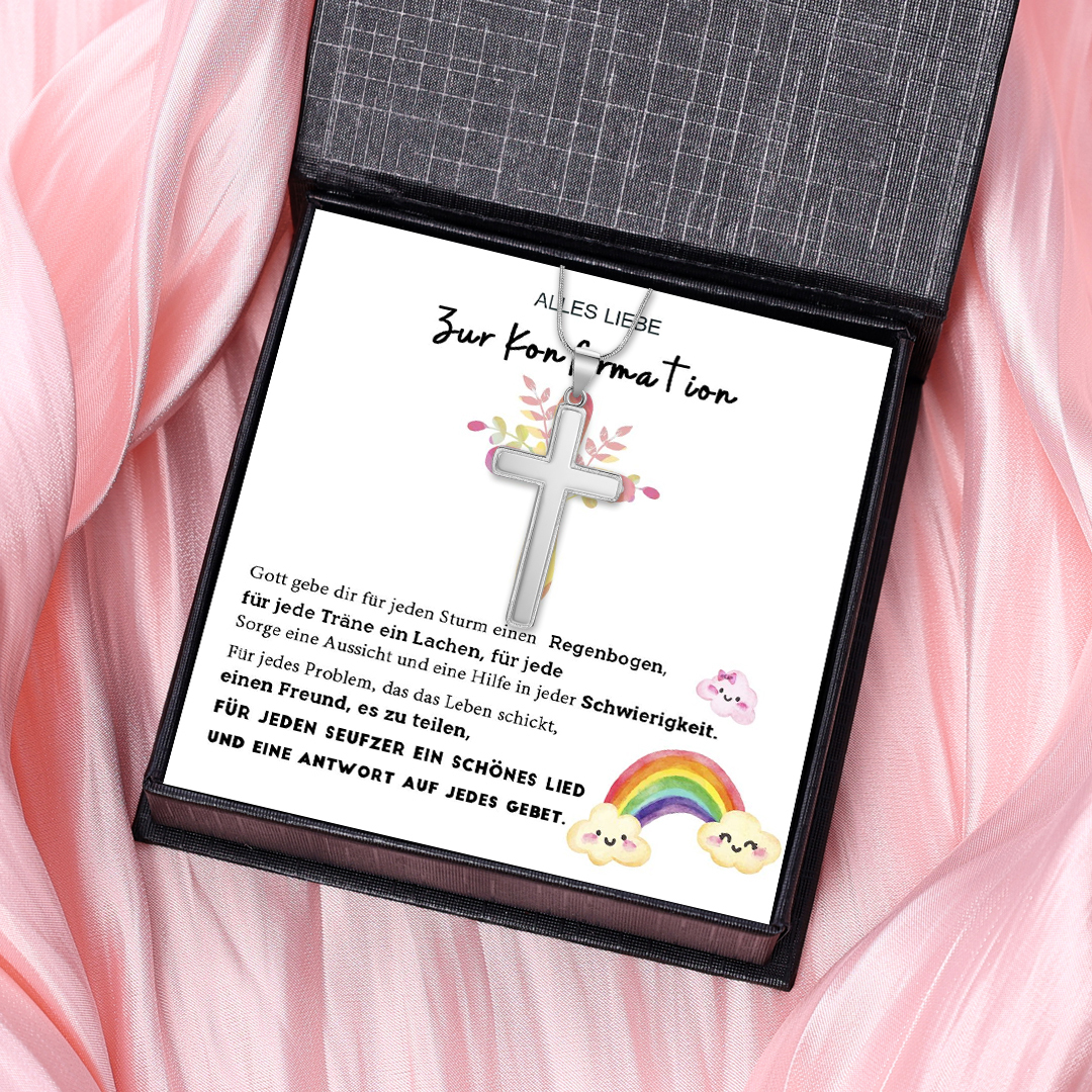 Kreuzkette 925 Silber mit Grußkarte – Geschenk zur Konfirmation für Mädchen & Jungen, Patenkind