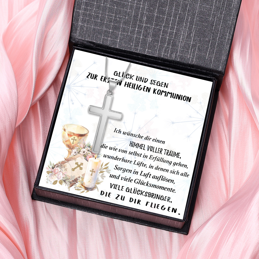 Kreuzkette 925 Silber mit Grußkarte – Geschenk zur Kommunion/Konfirmation für Patenkind, Mädchen & Jungen