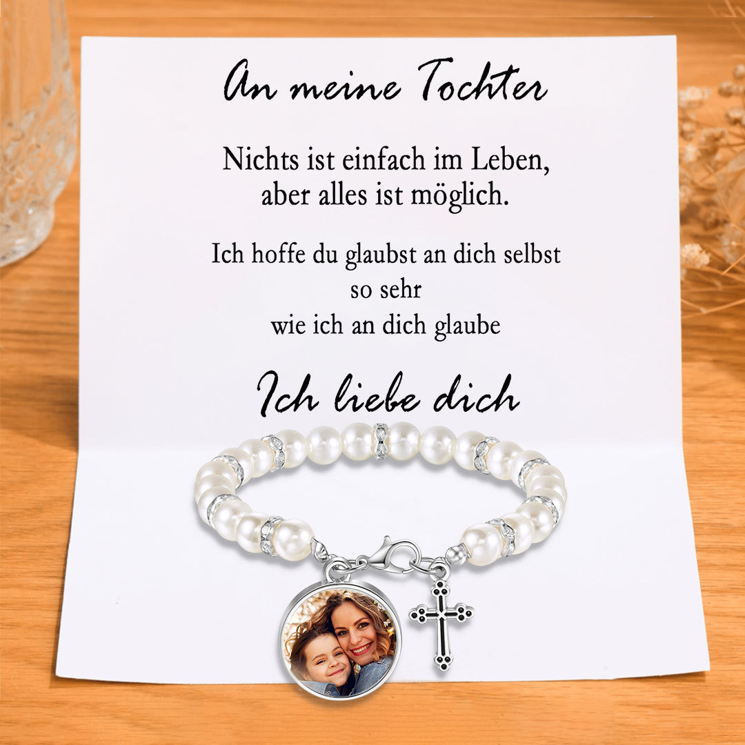 Personalisiertes Foto Armband mit Geschenkkarte - An meine Tochter -Armband mit Kreuzanhänger zur Konfirmation/Kommunion