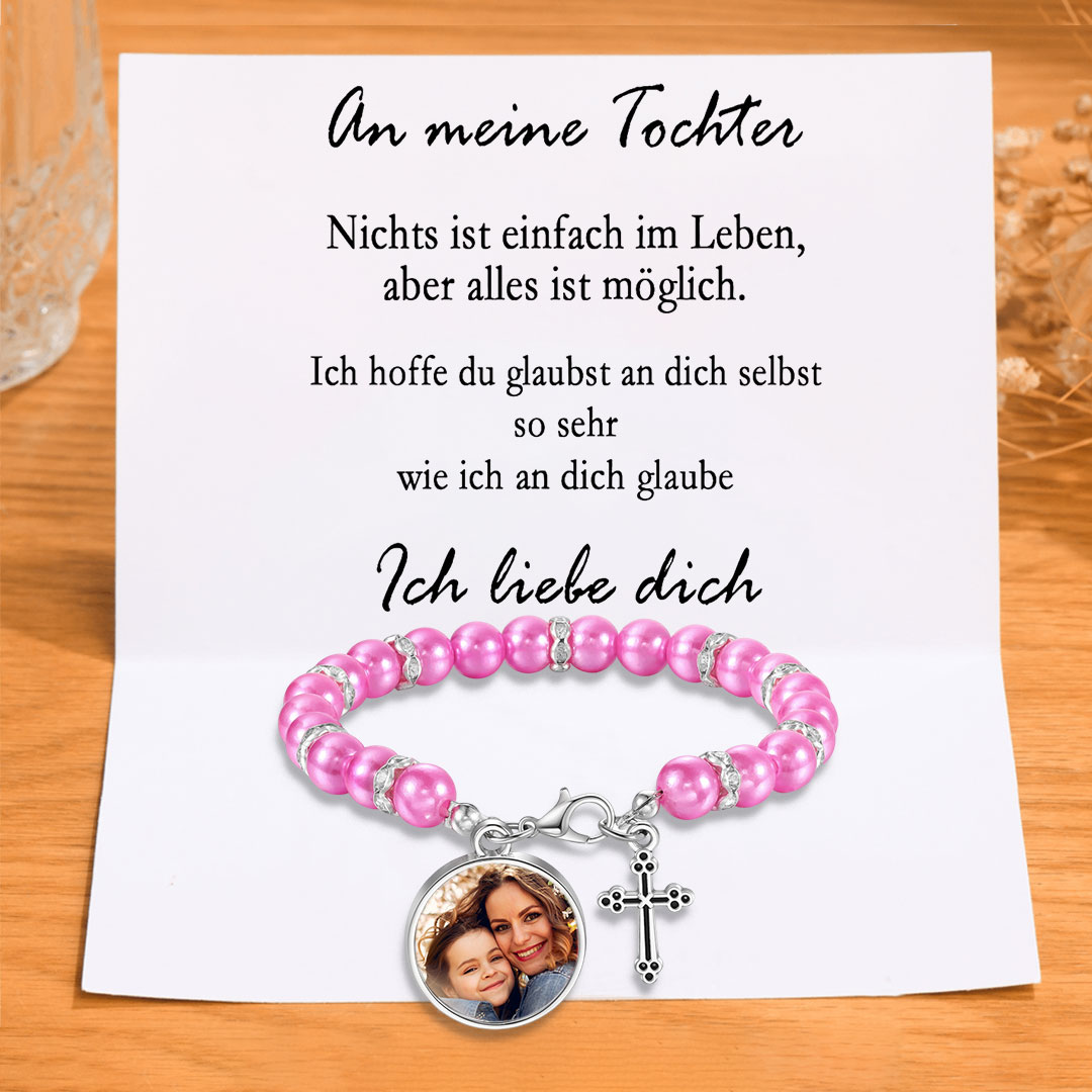 Personalisiertes Foto Armband mit Geschenkkarte - An meine Tochter -Armband mit Kreuzanhänger zur Konfirmation/Kommunion