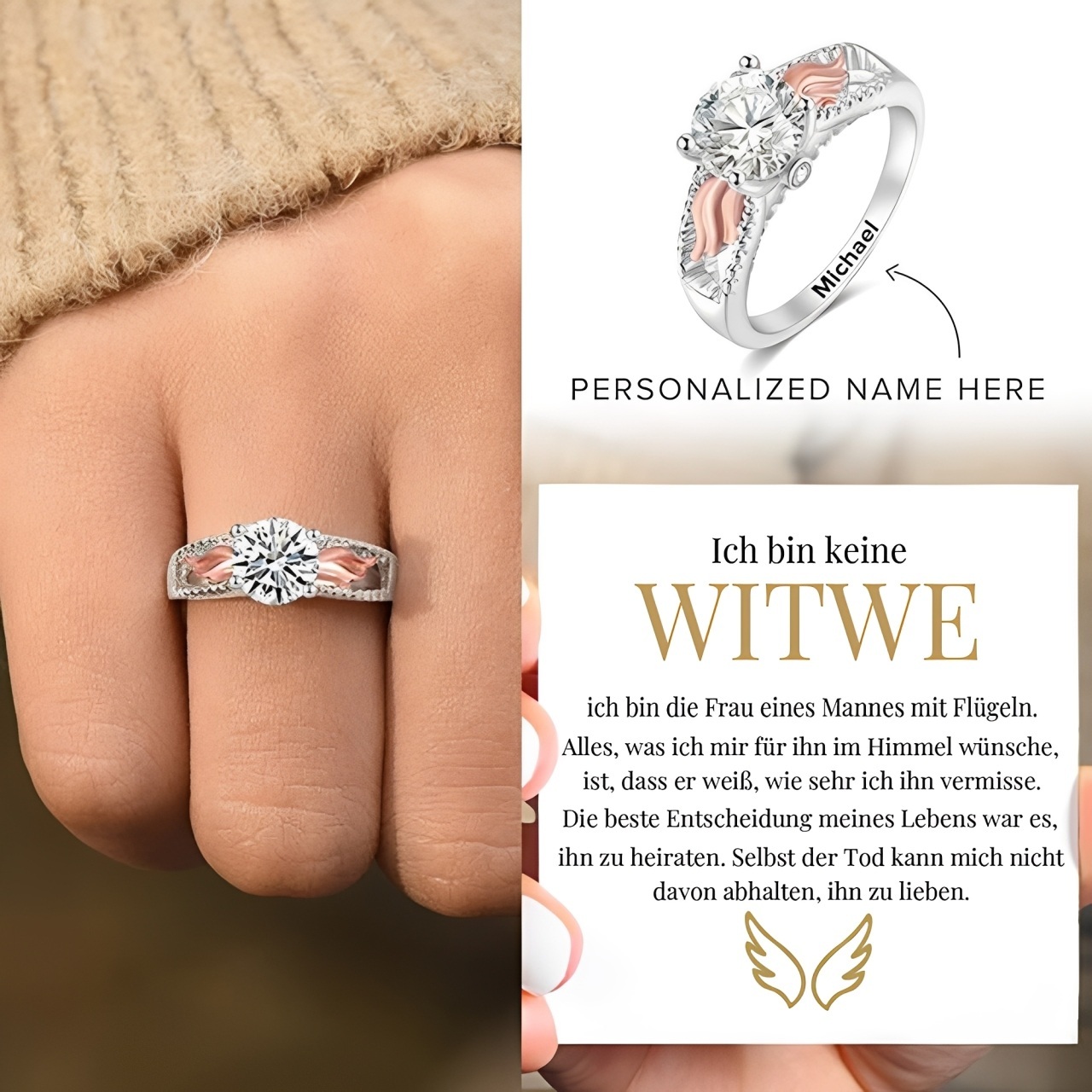 Personalisierter 1 Namen Ring mit Flügeln –  Ich bin keine Witwe. Ich bin die Frau eines Mannes mit Flügeln - Geschenk mit Geschenk mit Nachrichtenkarte