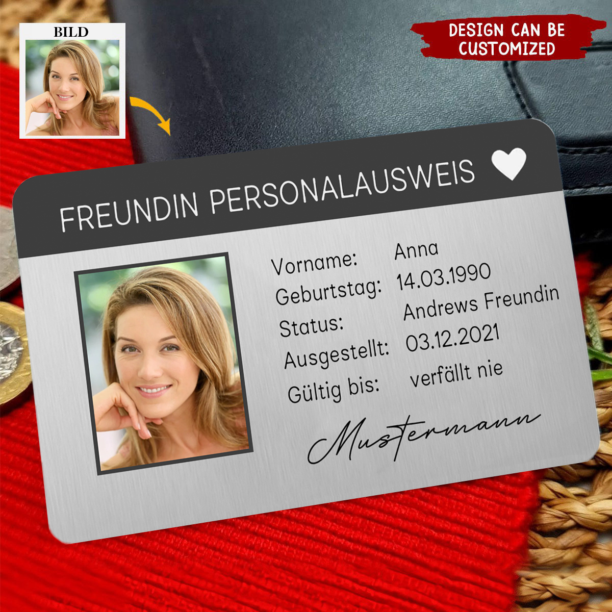 Personalisiertes Foto & Name & Buchstabe Herren Geldbörse & Foto & 2 Datum & 5 Texte Geldbörse Karte & Foto & Text Schlüsselanhänger Geschenkbox Set für Mann/ Freund