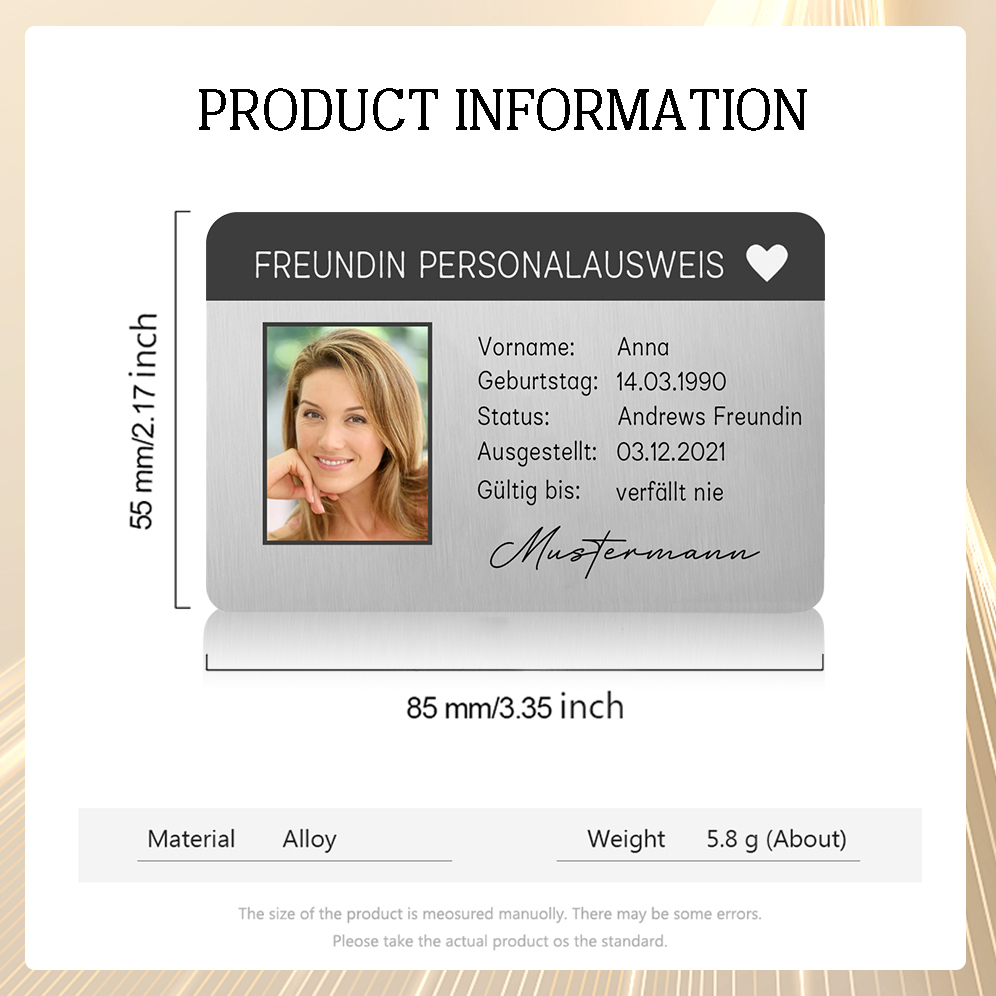 Personalisiertes 1 Foto & 5 Texte & 2 Datum Geldbörsenkarte – Freundinnen-Personalausweis – Besonderes Geschenk für Freundin