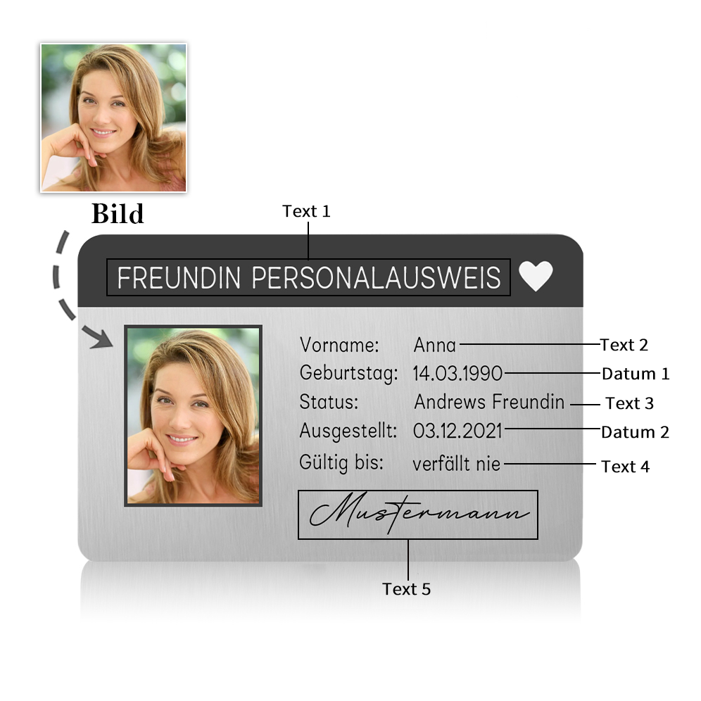 Personalisiertes 1 Foto & 5 Texte & 2 Datum Geldbörsenkarte – Freundinnen-Personalausweis – Besonderes Geschenk für Freundin