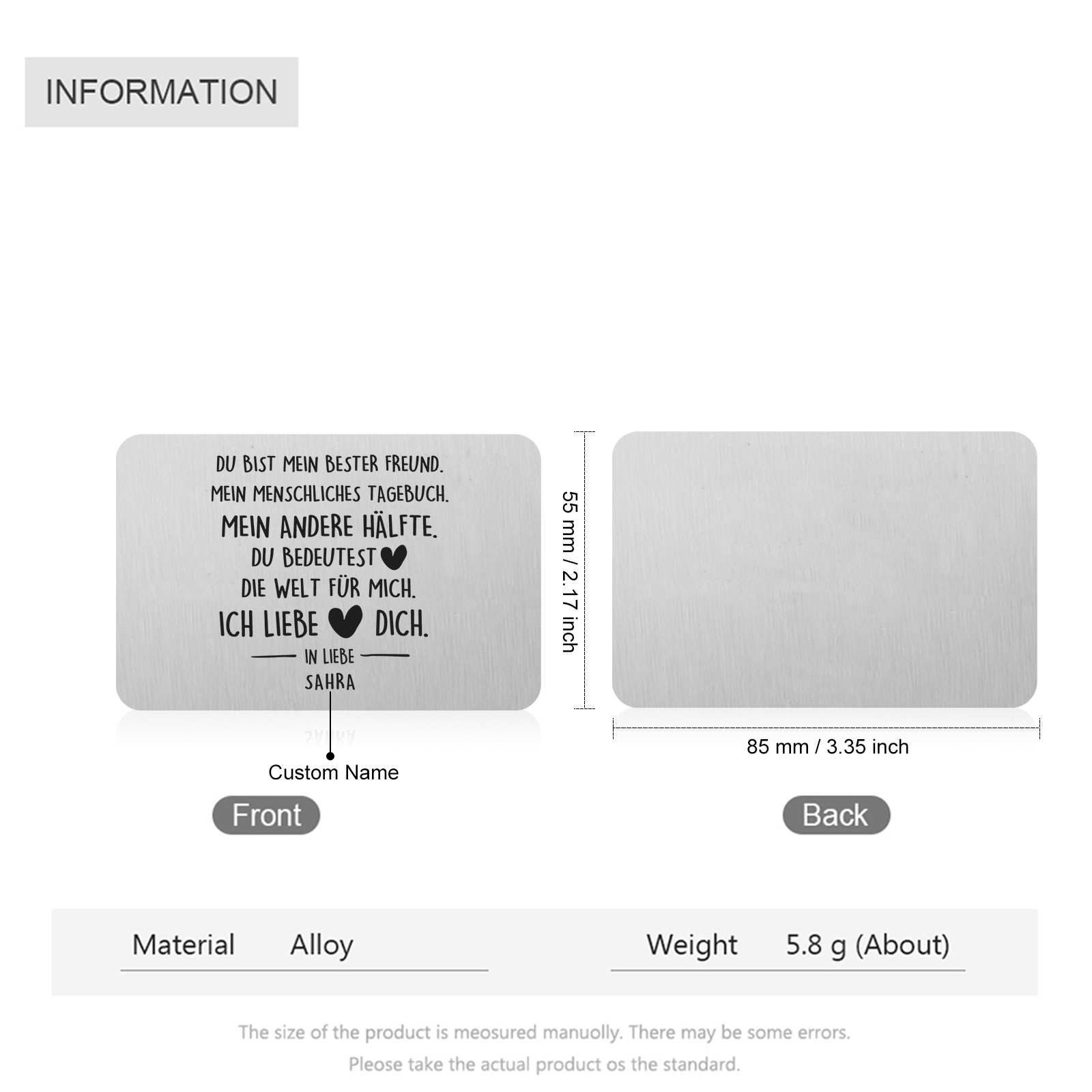 Personalisierter Name Metall Geldbörsenkarte Partner Geschenk für Paar