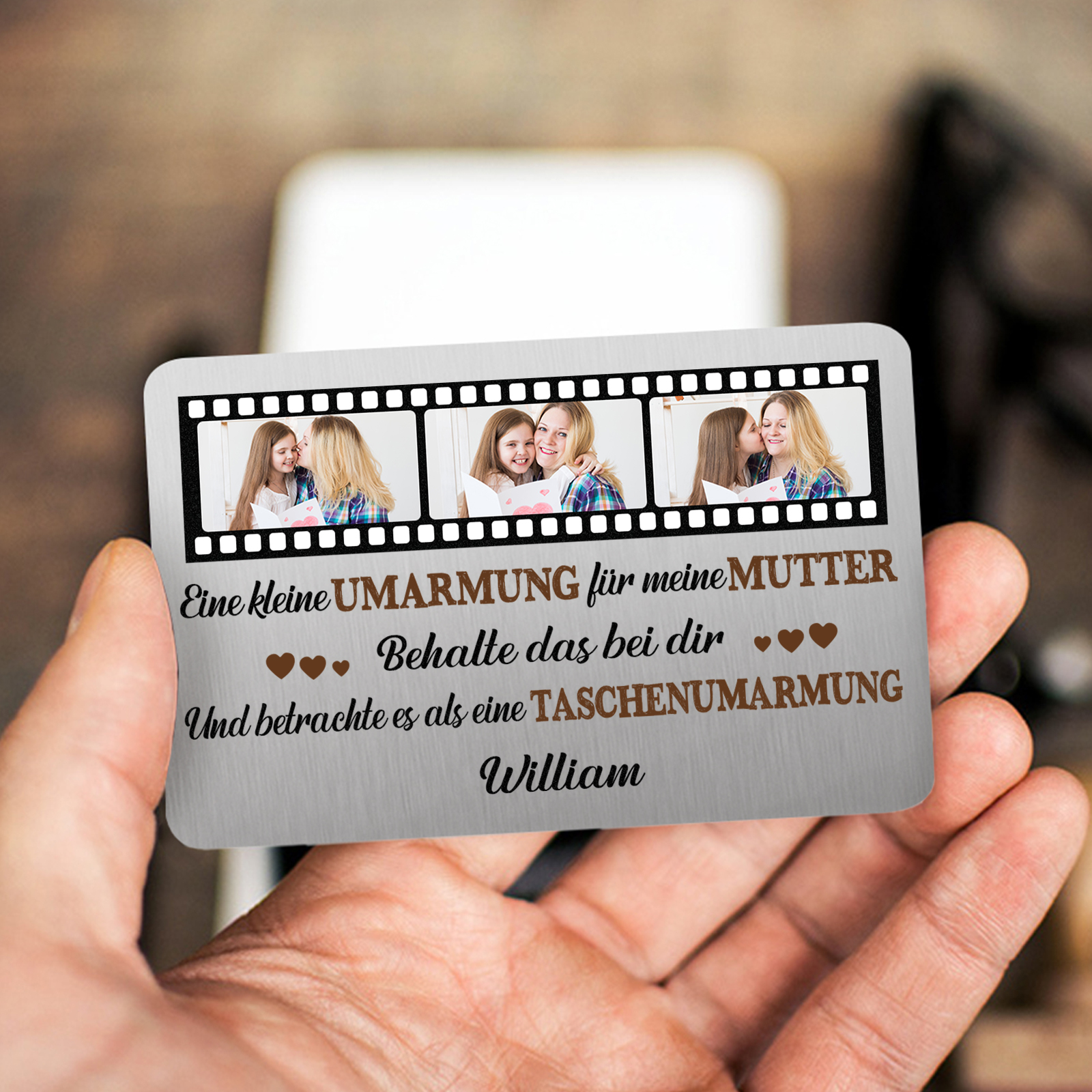 Personalisierte 1 Name & 3 Fotos kreative Edelstahl-Karte für Mama - Mama, ich liebe dich 