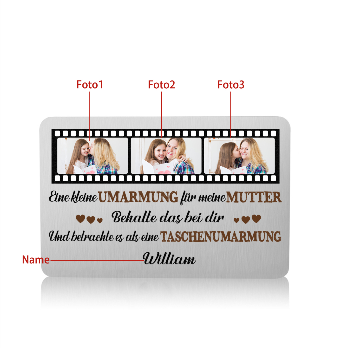 Personalisierte 1 Name & 3 Fotos kreative Edelstahl-Karte für Mama - Mama, ich liebe dich 