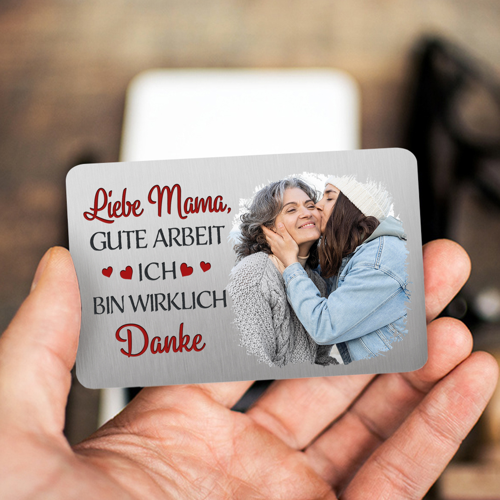 Personalisierte 1 Name & 3 Fotos kreative Edelstahl-Karte für Mama - Mama, ich liebe dich 