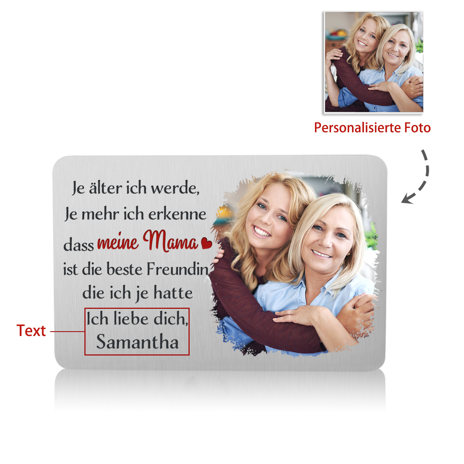 Personalisierte 1 Text & 1 Foto kreative Edelstahl-Karte für Mama - Mama, ich liebe dich 