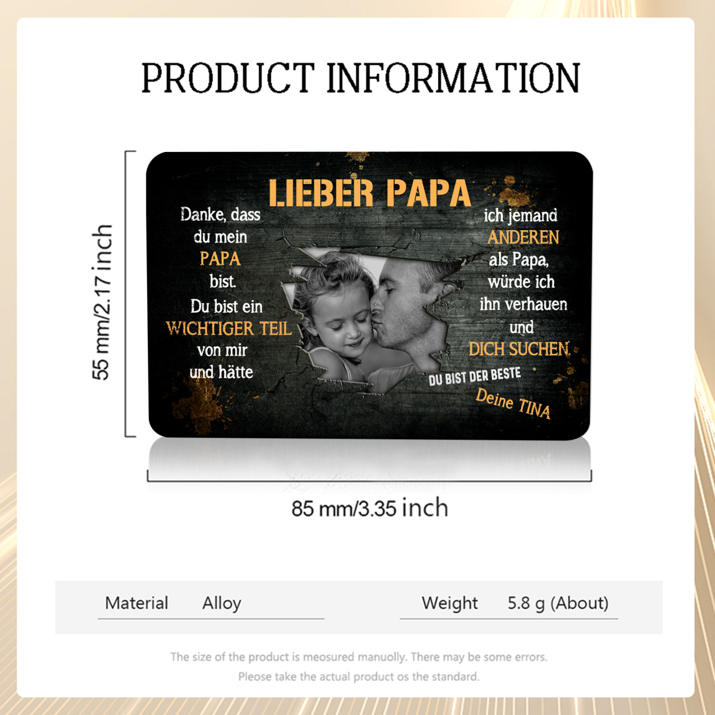 Personalisierte 1 Text & 1 Foto kreative Edelstahl-Karte für PAPA - Danke,dass du ein wichtiger Teil meines Lebens bist.