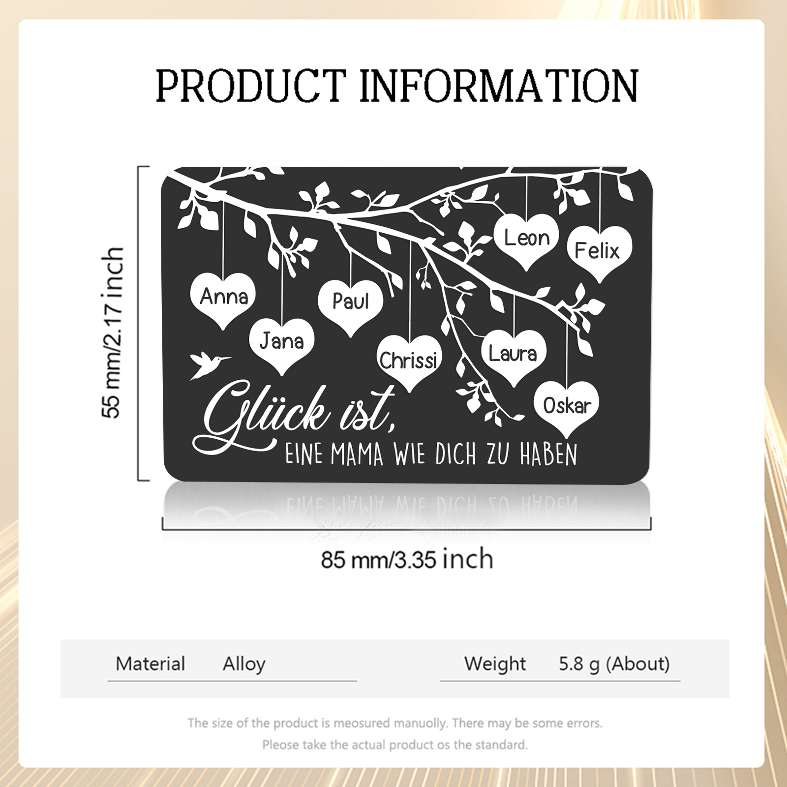 Personalisierte 8 Namen & 1Text kreative Edelstahl-Karte für Mama - Mama, ich liebe dich 