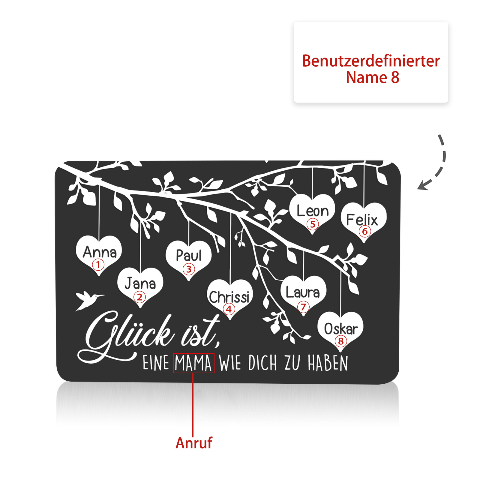 Personalisierte 8 Namen & 1Text kreative Edelstahl-Karte für Mama - Mama, ich liebe dich 