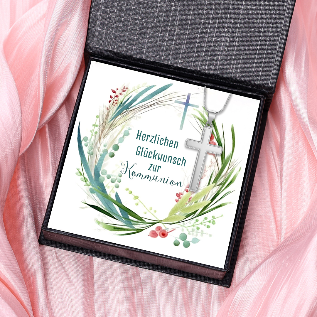 Kreuzkette 925 Silber personalisierbare Grußkarte – Geschenk zur Kommunion/Konfirmation für Mädchen & Jungen, Patenkind