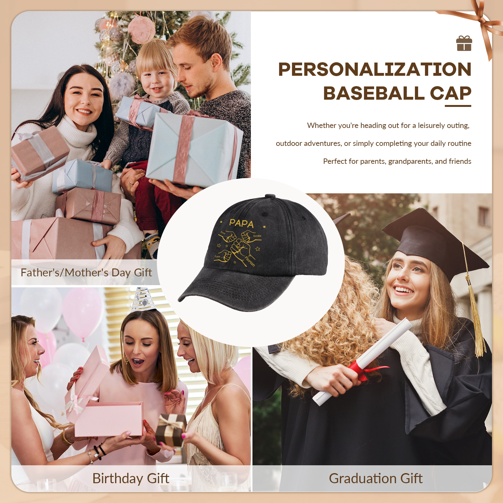 Personalisierte Basecap aus gewaschenem Jeansstoff mit 1 bis 10 Namen und Faustgruß-Motiv