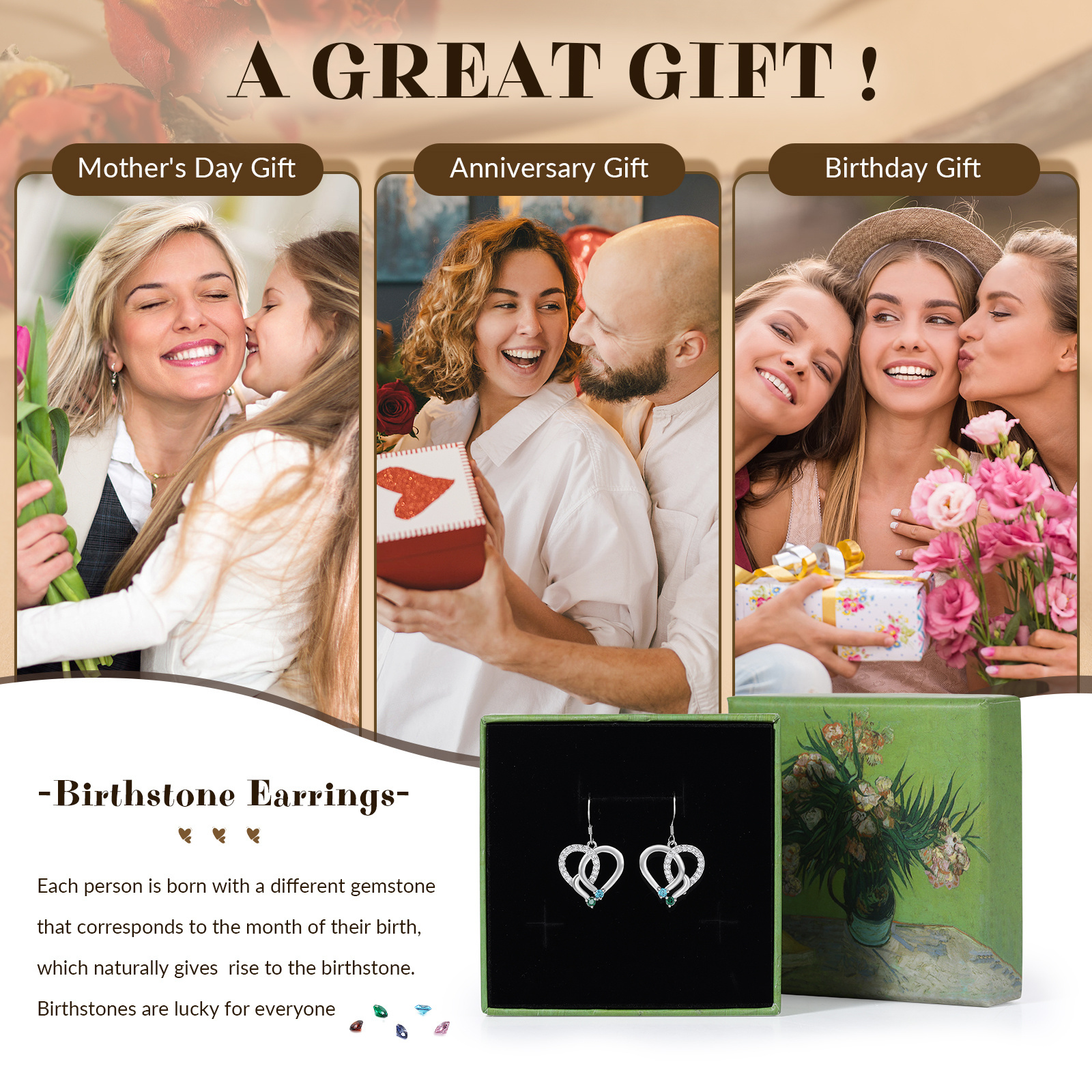 Personalisierte Geburtsstein Ohrringe mit ineinandergreifenden Herzen und 2 Geburtssteinen aus 925er Sterlingsilber