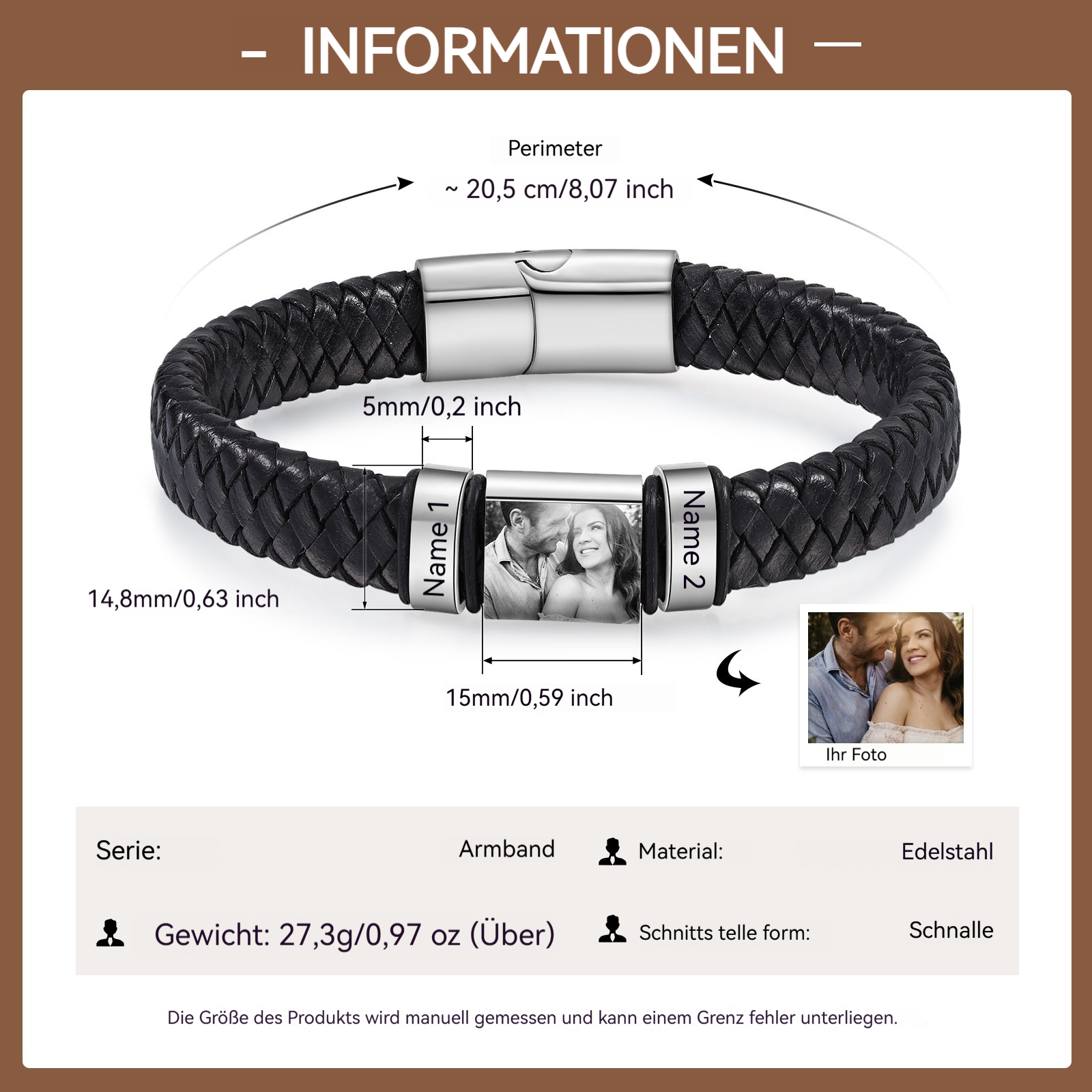 Herren Personalisierte 2-5 Namen & Foto Geflochtenes Leder Armband