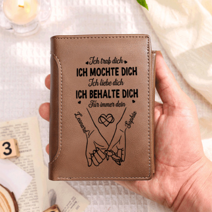 Personalisierte Bifold-Ledergeldbörse für Herren mit „Pinky-Promise“-Motiv, graviert mit 2 Namen – für Paare