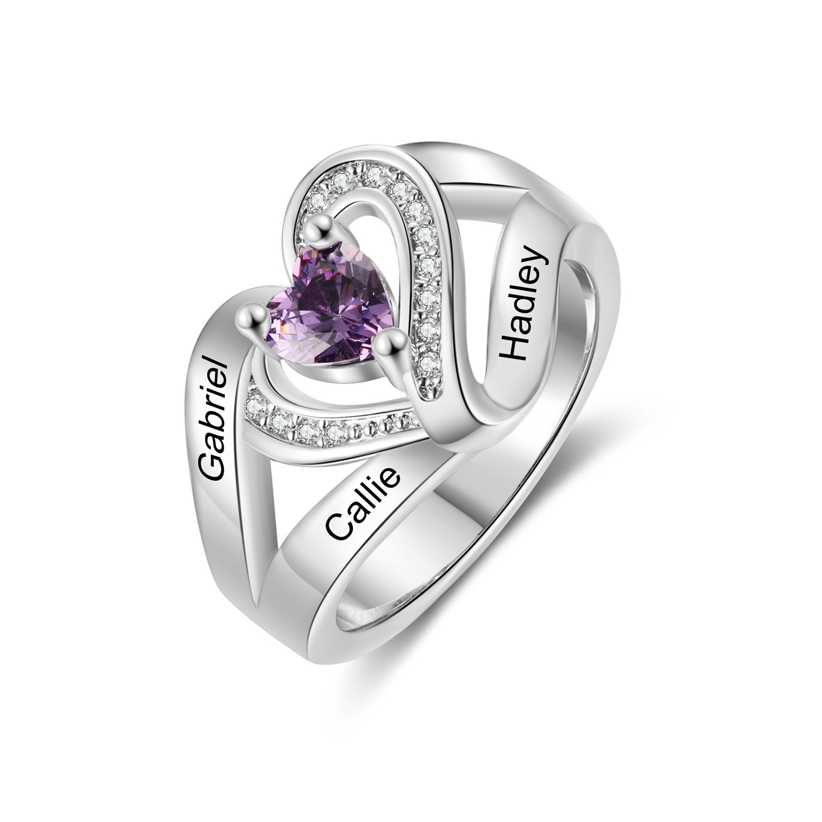 “Personalisierter Herzring für Damen mit 2–6 Namen & 1 Geburtsstein
