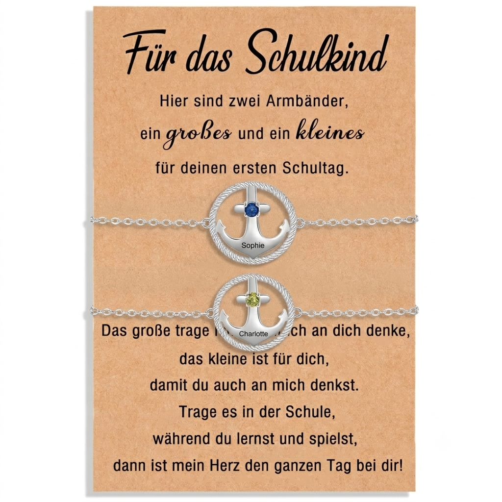 Für das Schulkind – Mama‑&‑Kind Armband‑Set mit Anker, Geburtsstein und Namen – 925 Silber