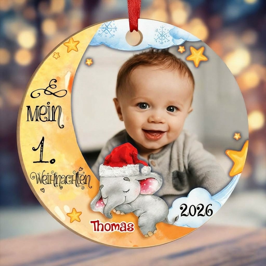 Holz Weihnachtsornament-Personalisierter 1 Name & Foto Halbmond Rund Baby Ornament- Mein 1. Weihnachten