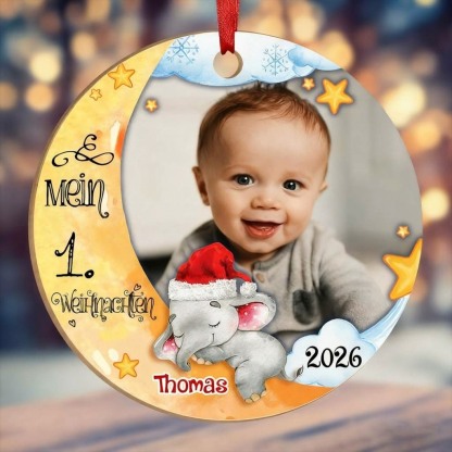 Holz Weihnachtsornament-Personalisierter 1 Name & Foto Halbmond Rund Baby Ornament- Mein 1. Weihnachten