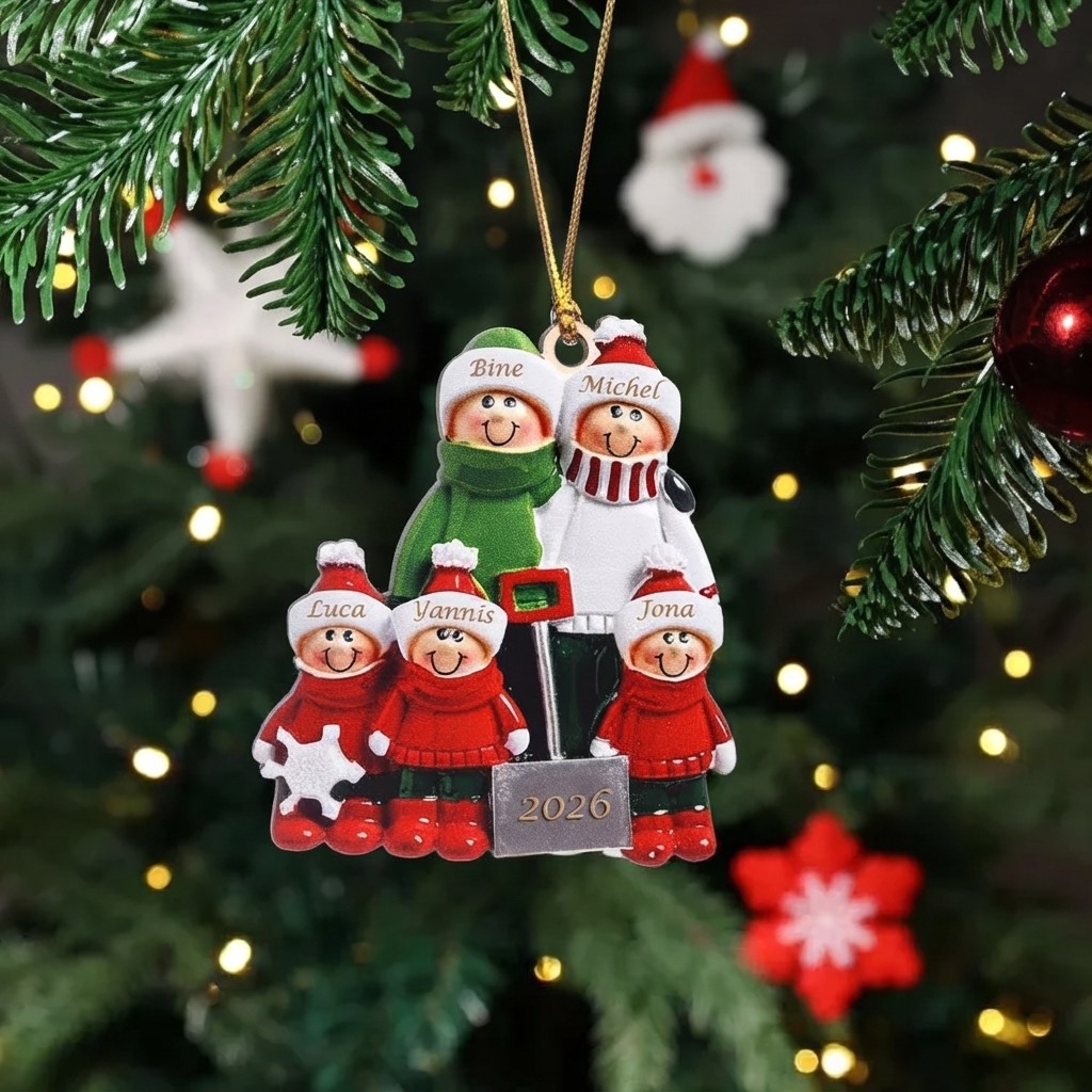 Personalisierter Familien-Weihnachtsanhänger aus Holz mit 2–8 Vornamen und Jahreszahl Geschenk für Familien