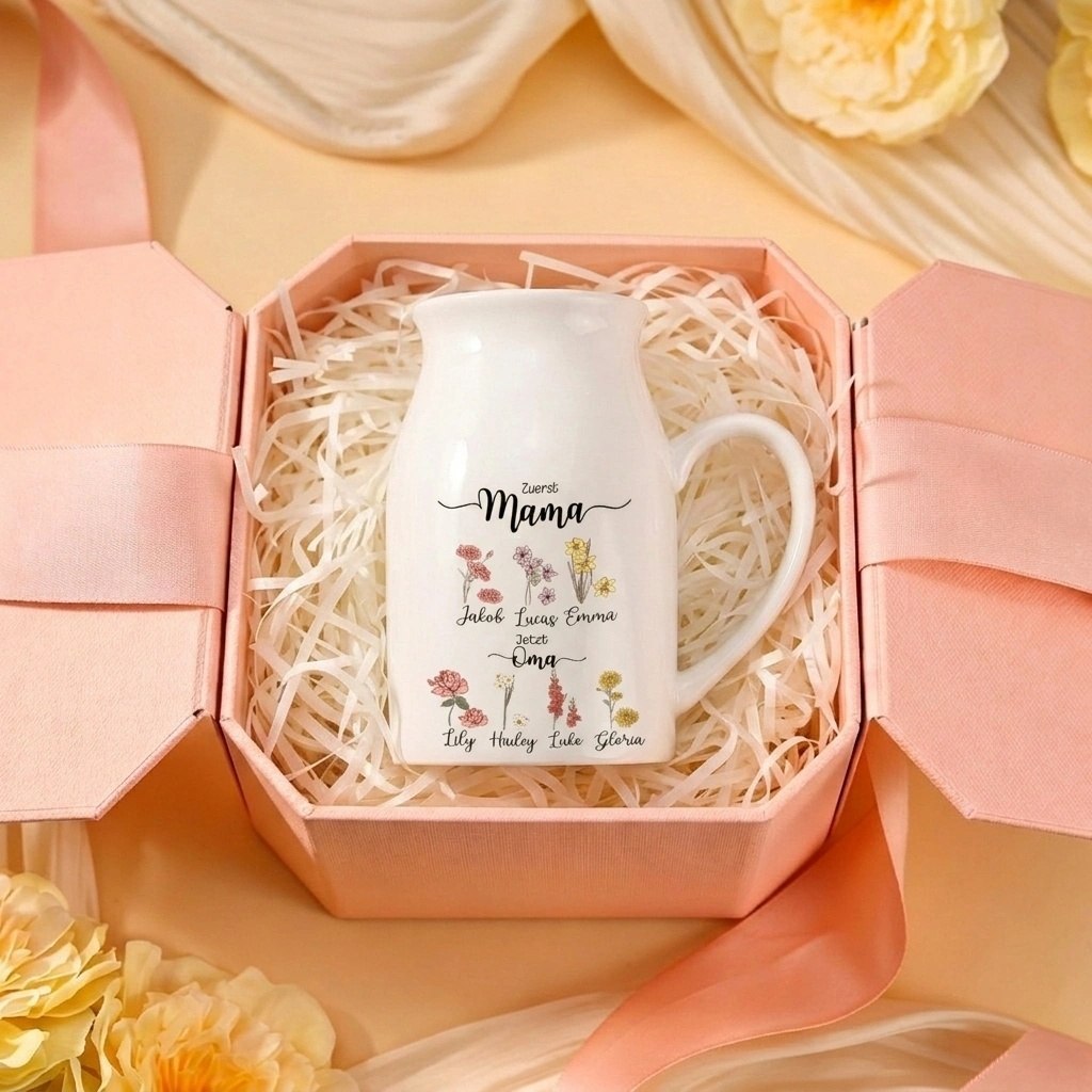 Personalisierte Blumenvase mit 2–10 Namen und Geburtsblumen Erst Mama, jetzt Oma