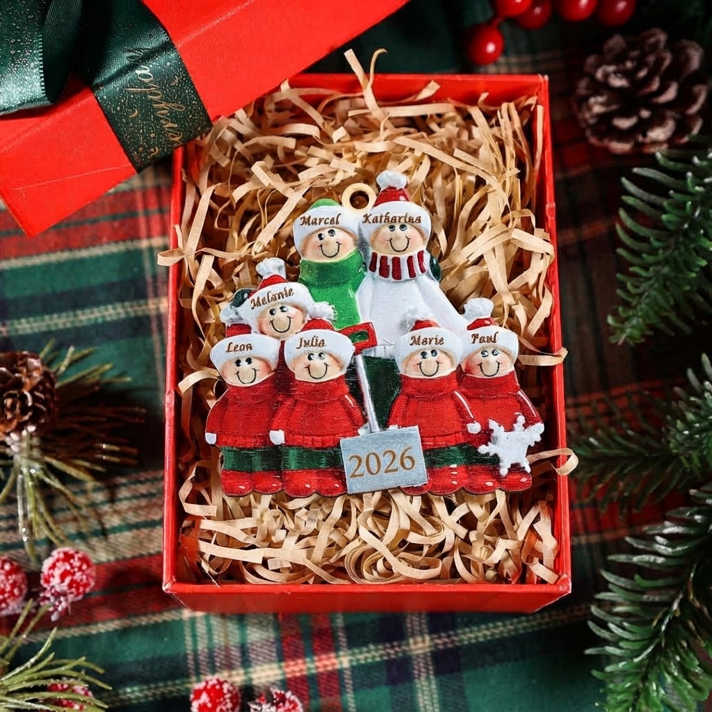 Personalisierter Familien-Weihnachtsanhänger aus Holz mit 2–8 Vornamen und Jahreszahl Geschenk für Familien
